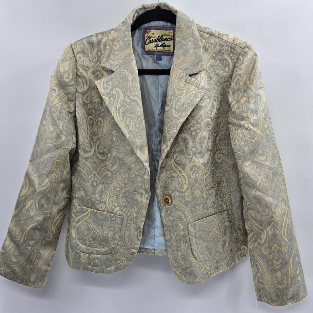 Vintage Casablanca 100% Hand-Tooled Denim Blue Cream Blazer Size Large